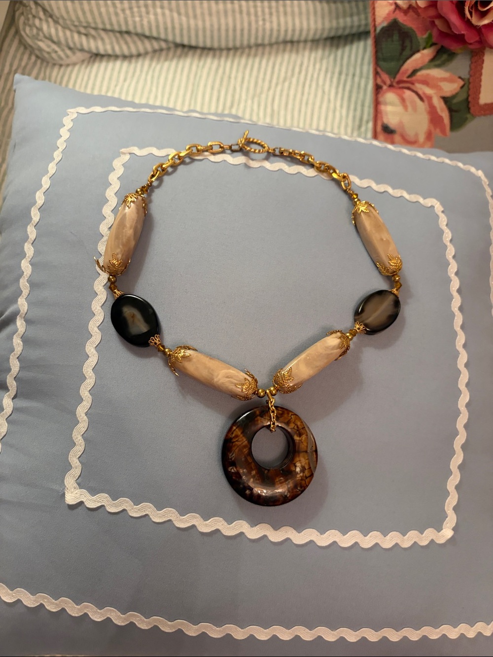 Chico's Gold-Tone Necklace with Cream Beads and Brown Donut Pendant
